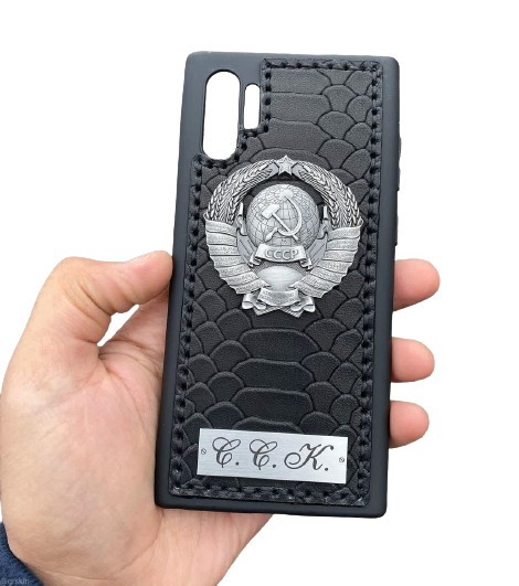 Кожаный чехол-накладка с гербом СССР черный на телефон