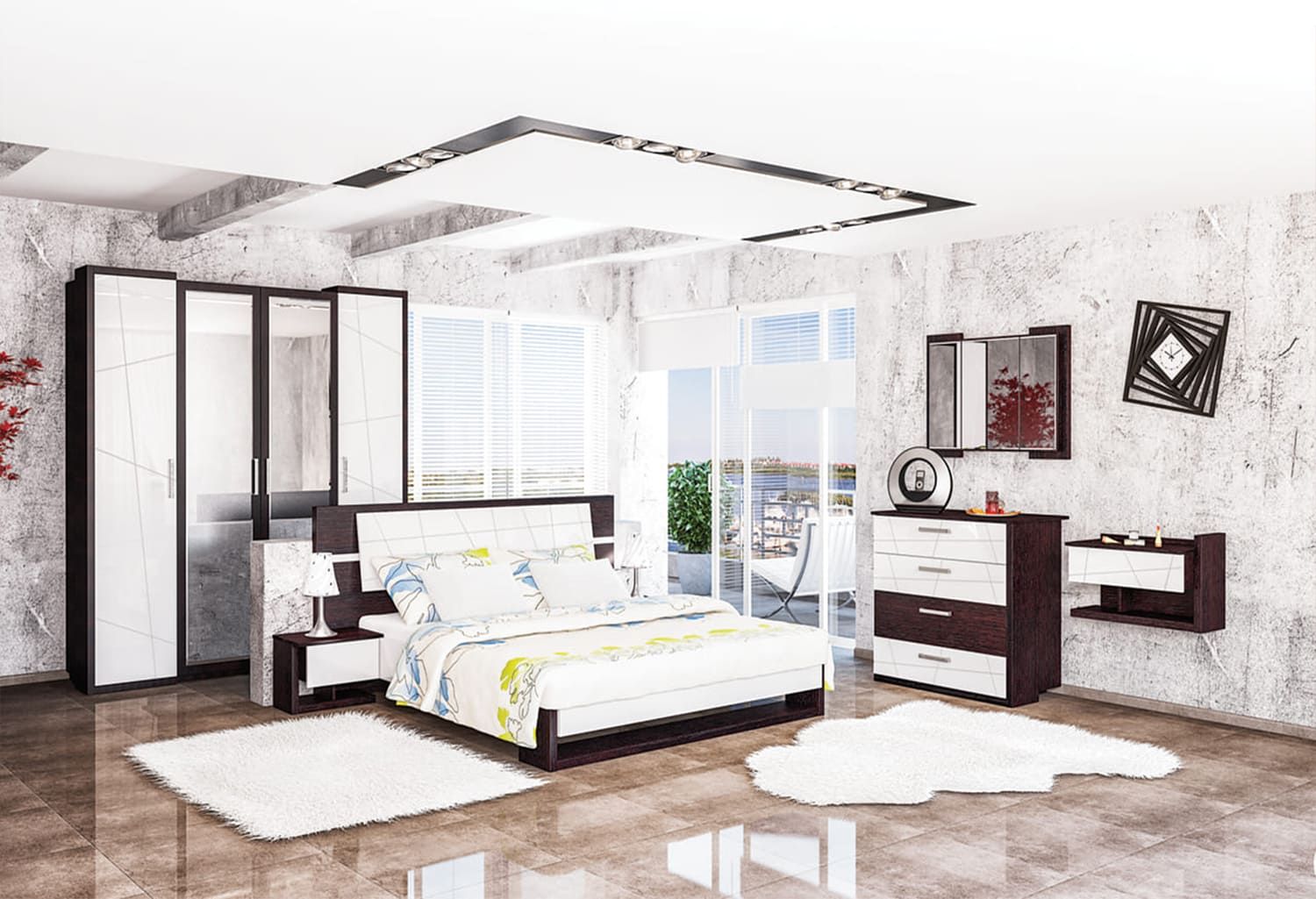 Спальня Барселона (шкаф 4х+кровать+тумбочки 2шт+комод+зеркало)