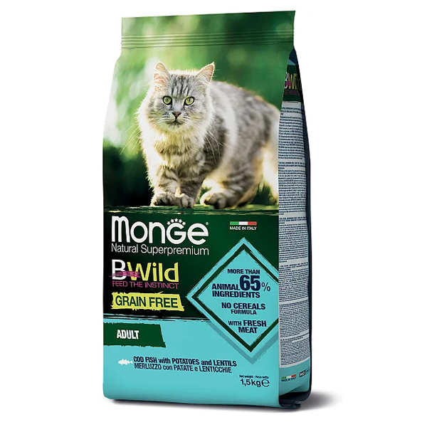 Сухой корм для кошек Monge BWILD Feed the Instinct беззерновой с треской с картофелем и чечевицей 1.5 кг