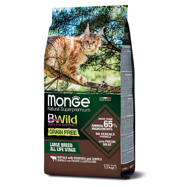 Сухой корм для кошек Monge BWILD Feed the Instinct для крупных пород беззерновой с буйволом с картофелем и чечевицей 1.5 кг