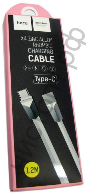 Кабель USB - Type-C HOCO X4 Zinc Alloy Rhombus, 1.2м, круглый, 2.1A, силикон, с металлическим наконечником, белый