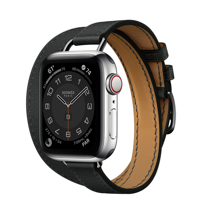 Часы Apple Watch Hermès Series 6 GPS + Cellular 40mm Silver Stainless Steel Case with Noir Swift Leather Attelage Double Tour