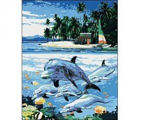 Холст с красками "Дельфины у острова" 40х50 см по номерам (арт. DW270)