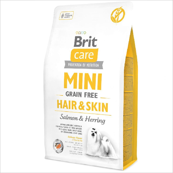 Сухой корм для собак мелких пород Brit Care Mini Hair & Skin беззерновой с тунцом и лососем
