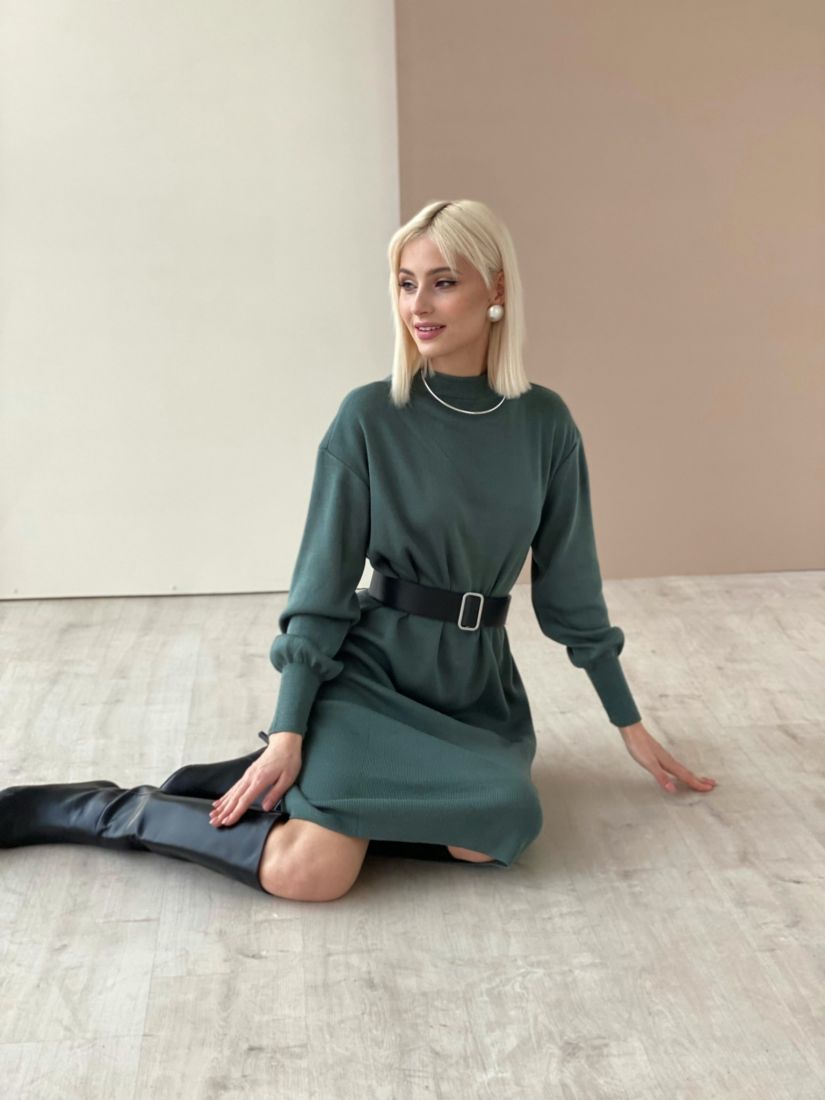5106 Платье-свитер вязаное серо-зелёное