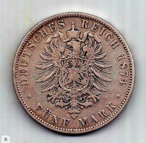 5 марок 1874  Бавария Редкий год XF Германия