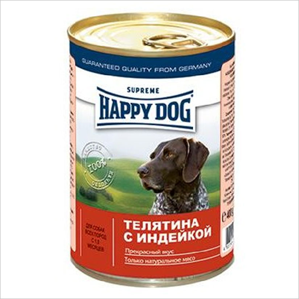 Влажный корм для собак всех пород Happy Dog с телятиной и индейкой