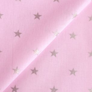 Хлопок ранфорс с глиттером - Серебристые звезды на розовом 50х40