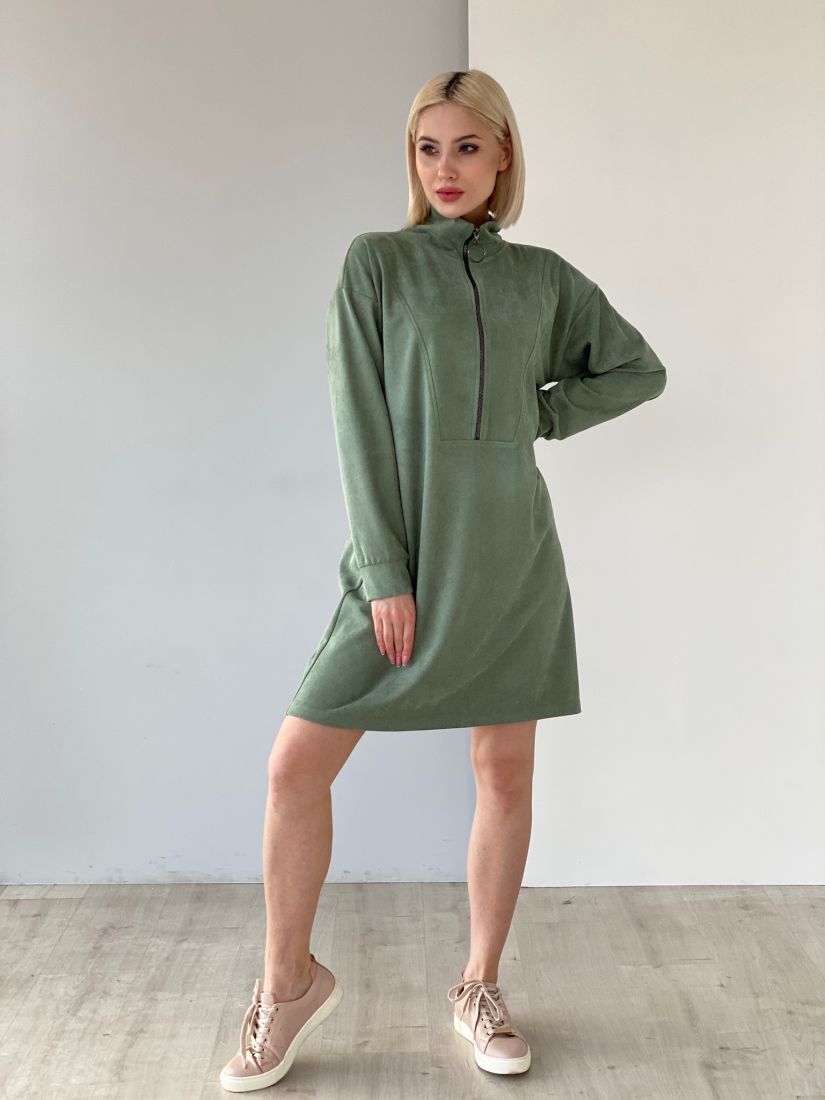 5734 Платье из трикотажа с Peach-эффектом с фигурной кокеткой серо-зелёное