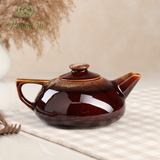 Чайник для заварки "Плоский", коричневый, керамика, 0.8 л