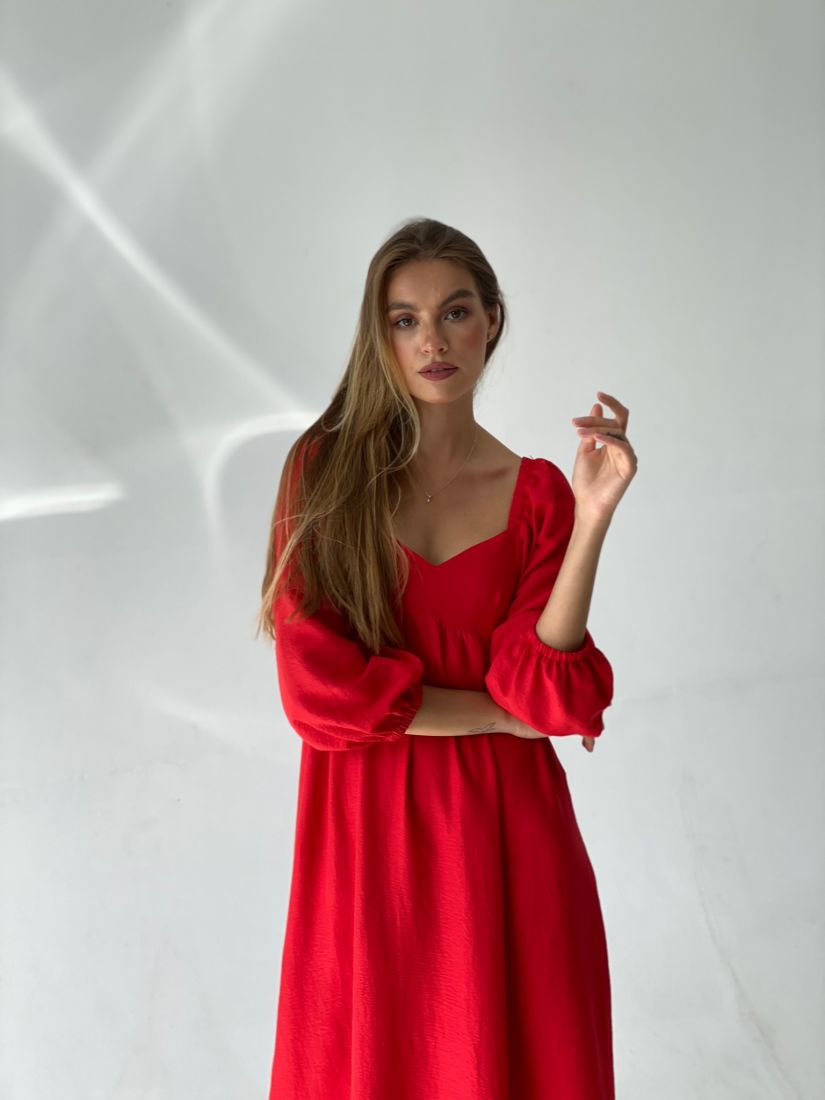 20135 Платье-миди с пышными рукавами красное