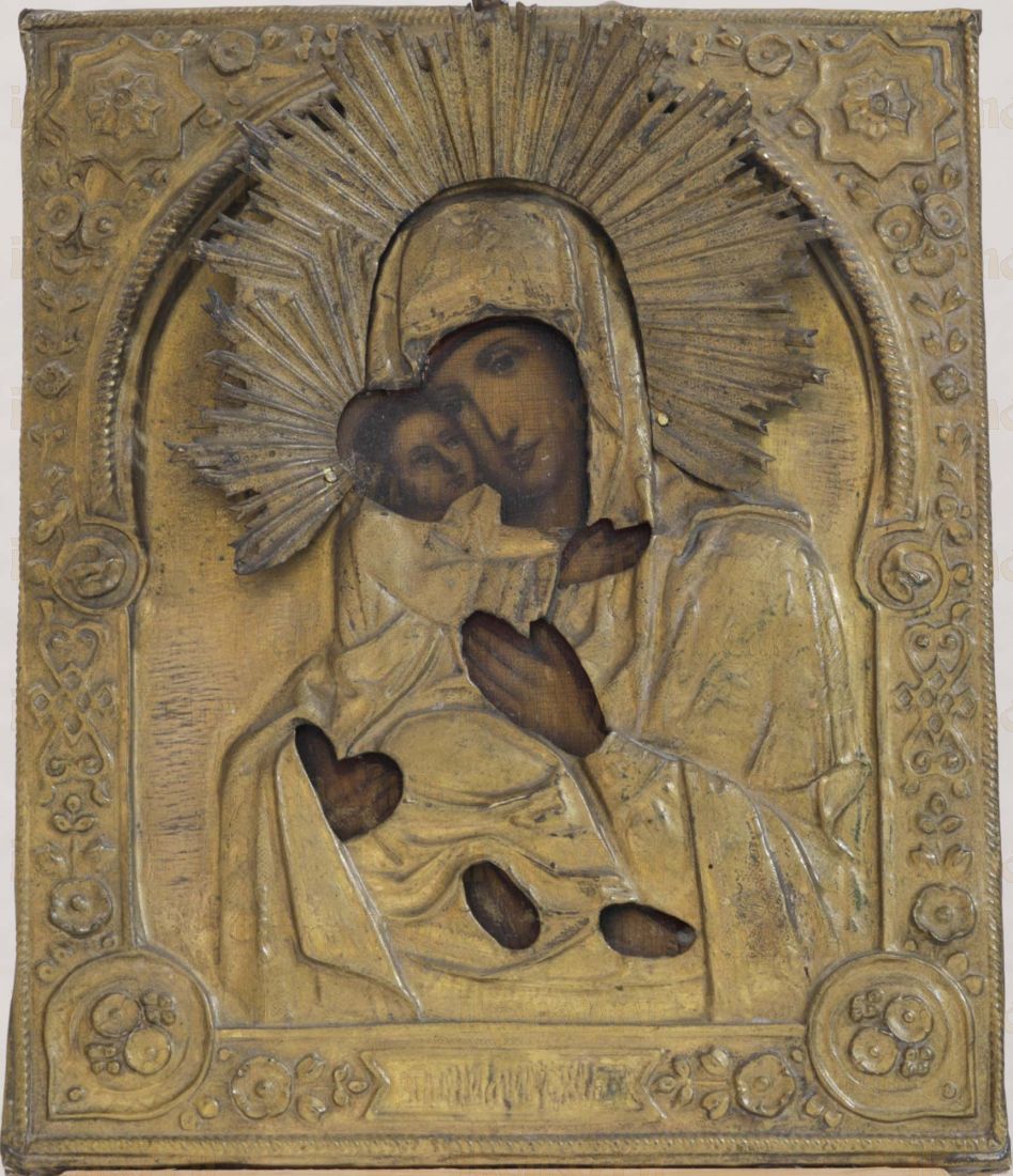 Владимирская Икона Божьей Матери 19-го века с окладом (26*30см)