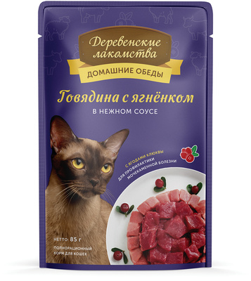 Влажный корм для кошек Деревенские лакомства Говядина с ягнёнком в нежном соусе 85 гр