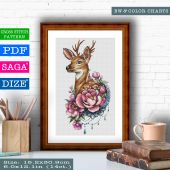 "Deer and peony". Digital cross stitch pattern.