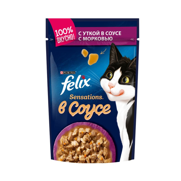 Влажный корм для кошек Felix Sensetions с уткой и морковью кусочки в соусе 85 гр