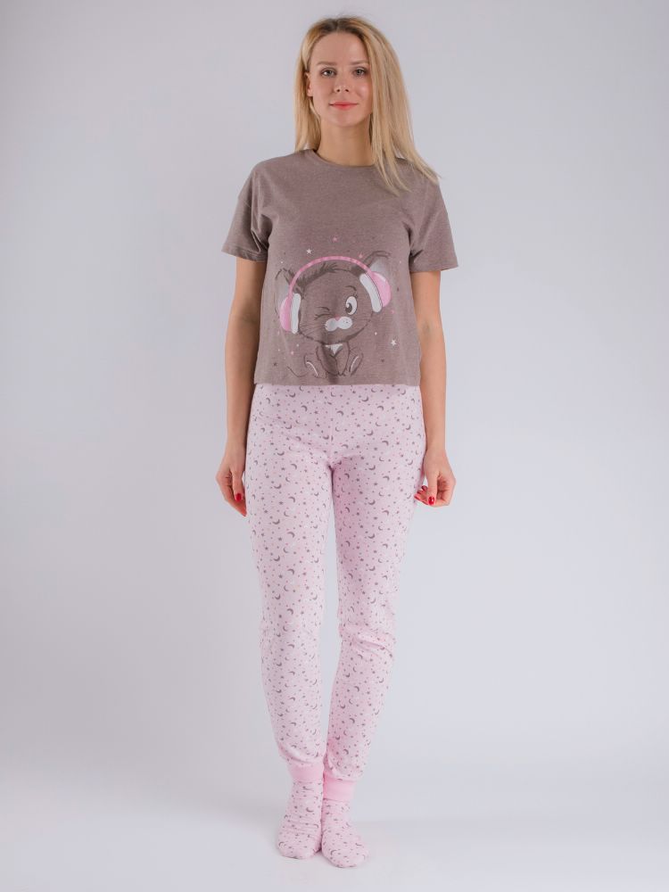 Пижама женская футболка и брюки цвета латте и розовое ночное небо