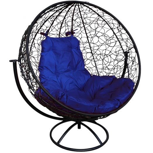 МГВКШР-14-10 Вращающееся кресло КРУГ с ротангом чёрное, синяя подушка