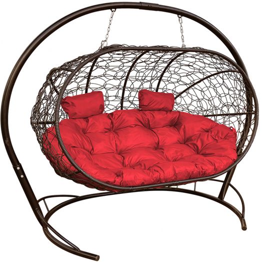 МГПДЛ-12-06 Подвесной диван ЛЕЖЕБОКА с ротангом коричневый, красная подушка