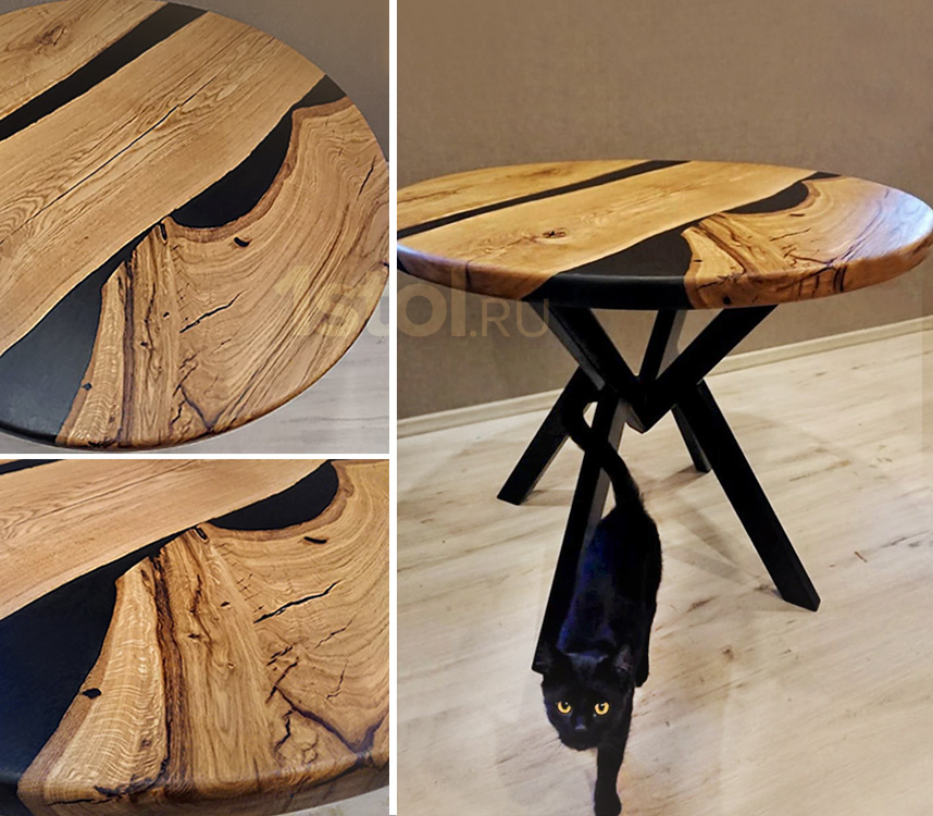 Круглый стол из слэба дерева с черной эпоксидной смолой