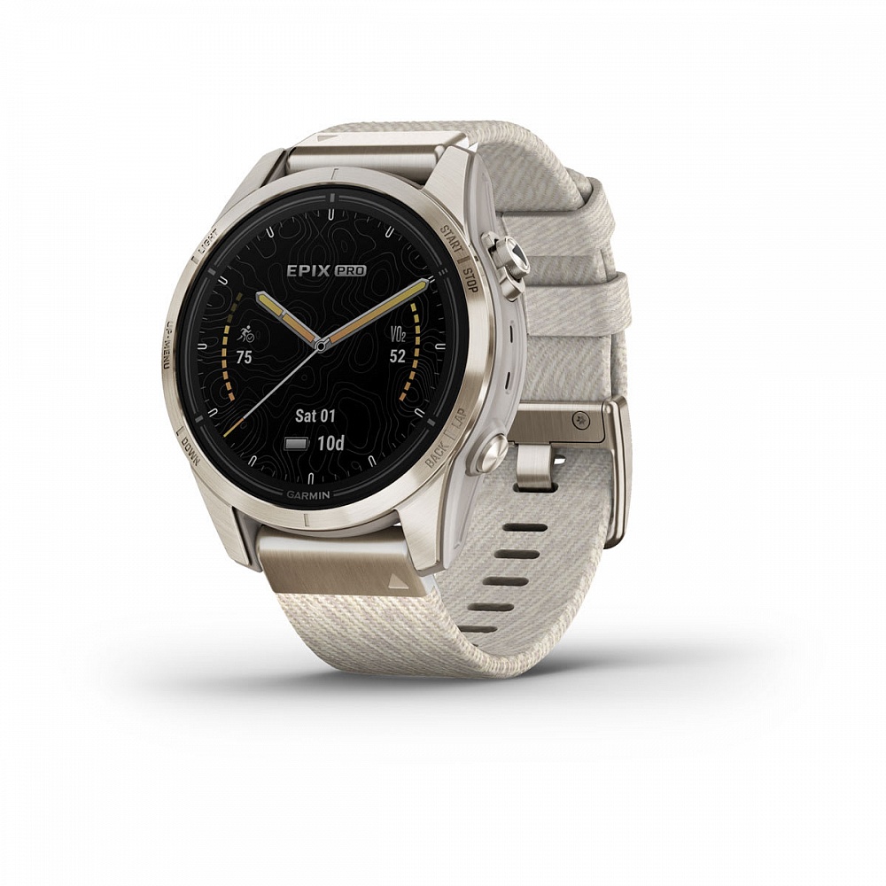 Умные часы Garmin Epix Pro (Gen 2) Sapphire Edition 42 мм, золотистый корпус с нейлоновым ремешком сливочного цвета фото