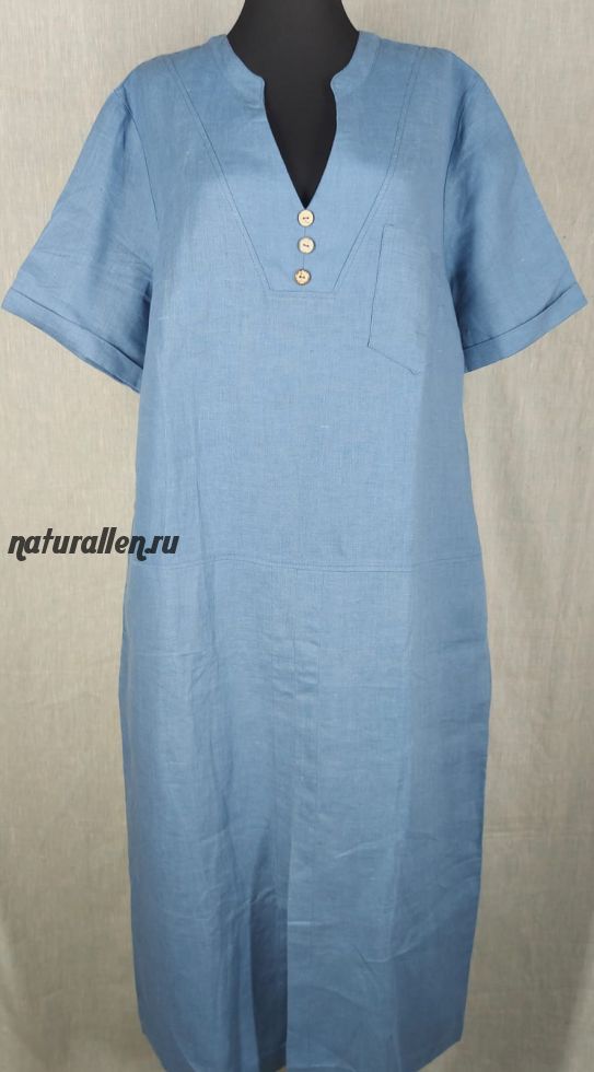 Платье льняное с  V-образным вырезом (синее) 56 рр