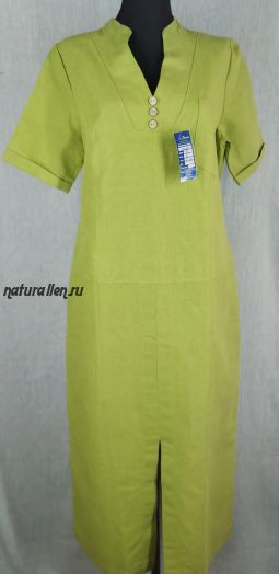 Платье льняное с  V-образным вырезом (фисташковое) 46 рр