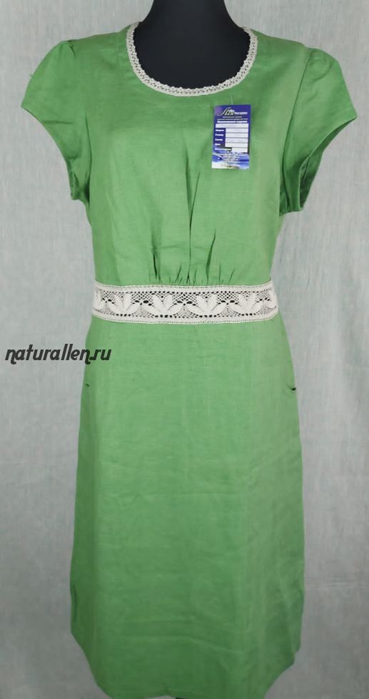 Платье льняное с  натуральным кружевом (зелёный)