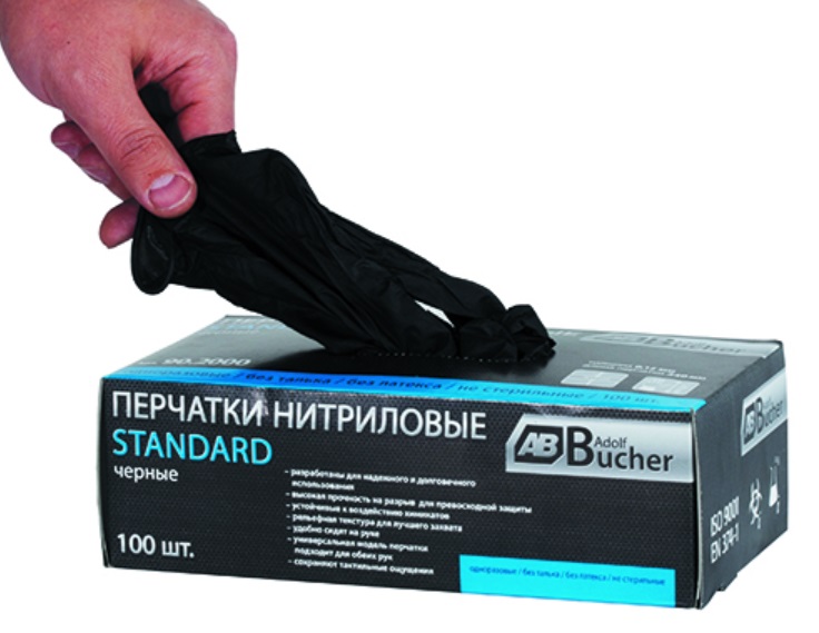 ADOLF BUCHER Перчатки нитриловые, черные СТАНДАРТ, без талька, размер М, уп.100шт