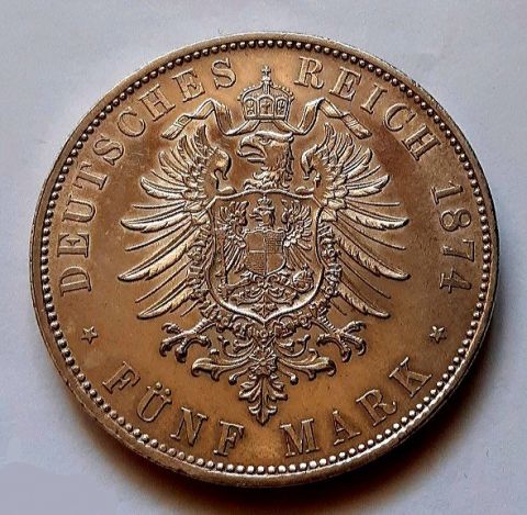 5 марок 1874 Бавария UNC Германия Редкий год