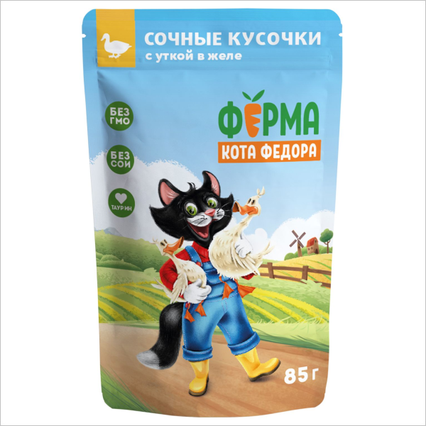 Влажный корм для кошек Ферма кота Фёдора сочные кусочки в желе с уткой 85 гр