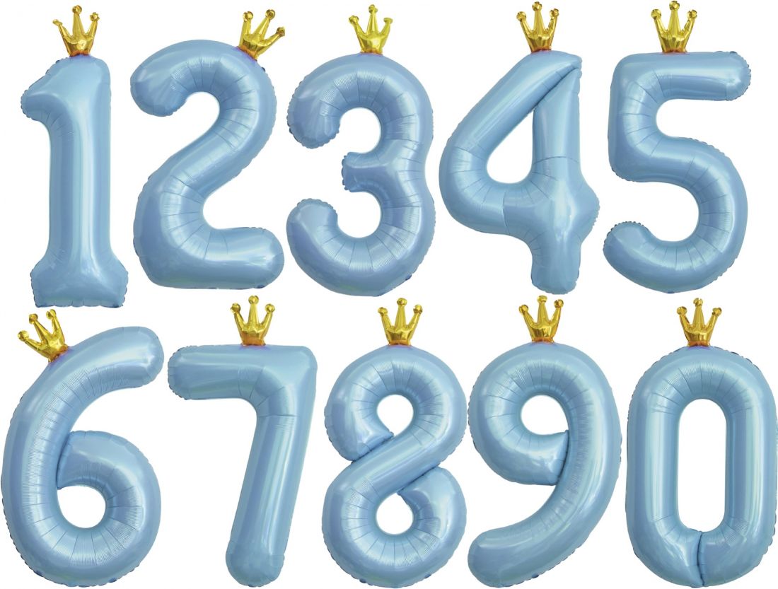 Цифра голубая с короной шар фольгированный с гелием