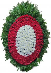 Фото Ритуальный венок из живых цветов #44 гвоздики белые, красные, натуральная хвоя, папоротник
