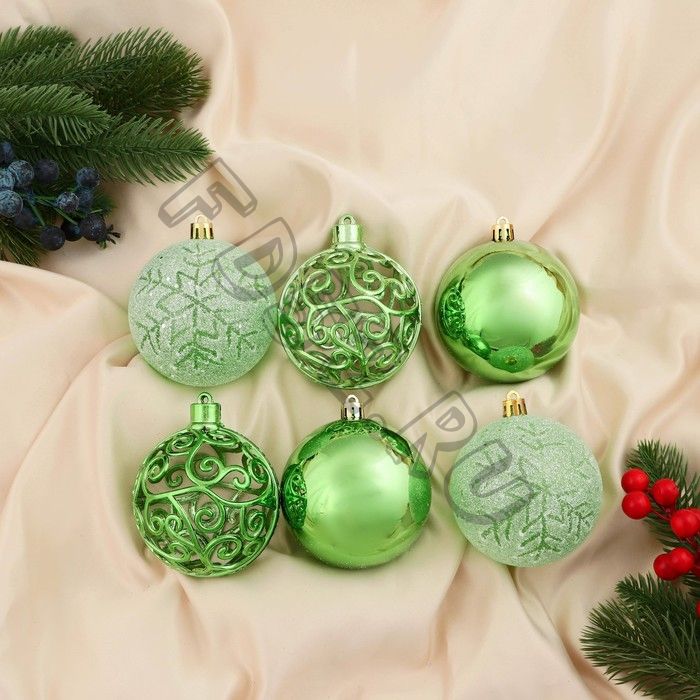 Набор шаров пластик d-8 см, 6 шт "Эстер" снежинки, зелёный