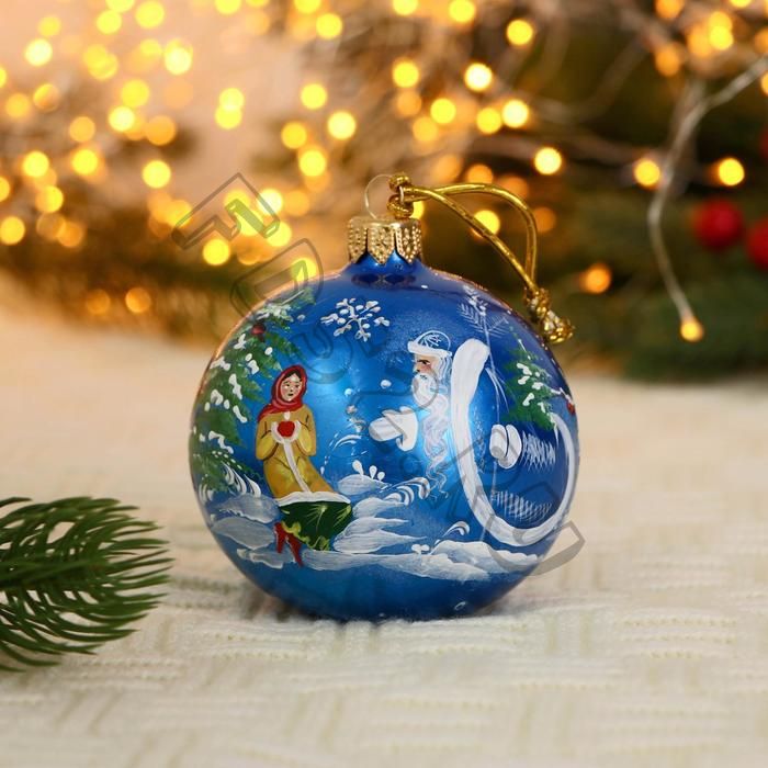 Ёлочный шар d-8 см "Дед Мороз и девочка" ручная роспись, синий