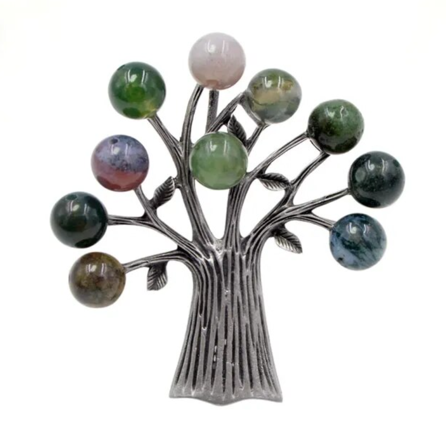 Брошь - кулон  "Дерево с самоцветами" античное серебро / натуральные камни (BR30026)