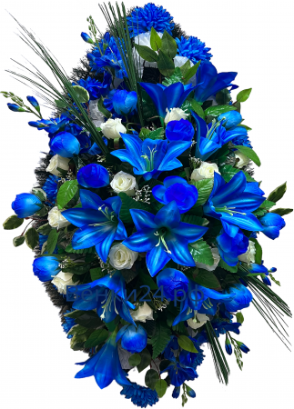 Фото Ритуальный венок из искусственных цветов - Элит #8 синий из гвоздик и лилий