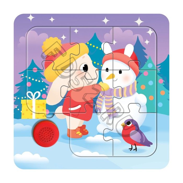 Пазл деревянный музыкальный «С Новым годом! Зайчик и снеговик»