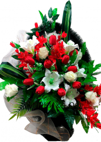 Фото Ритуальная корзина "Ладья №5 Лилии,розы,тюльпаны.