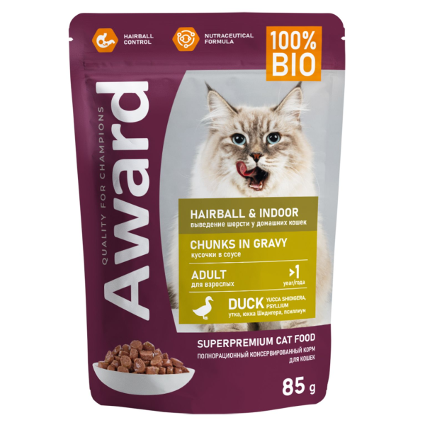 Влажный корм для кошек AWARD Hairball & Indoor кусочки в соусе с уткой 85 гр