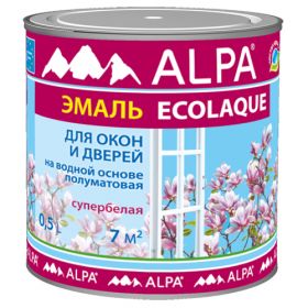 Экоэмаль для Окон и Дверей Alpa Ecolaque 0.5л Полуматовая, Супербелая, без Запаха для Внутренних и Наружных Работ / Альпа.