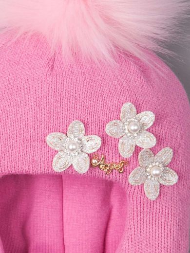РБ 14368 Шапка-шлем для девочки с помпоном, три цветочка, ангел, ярко-розовый
