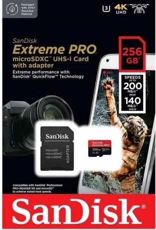 Карта памяти SANDISK micro SDXC 256Gb Extreme Pro UHS-I U3 V30 A2 + ADP (200/140 MB/s)