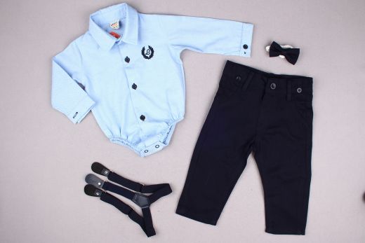 Костюм для мальчика (рубашка-боди, брюки, бабочка, подтяжки), голубой, 22014