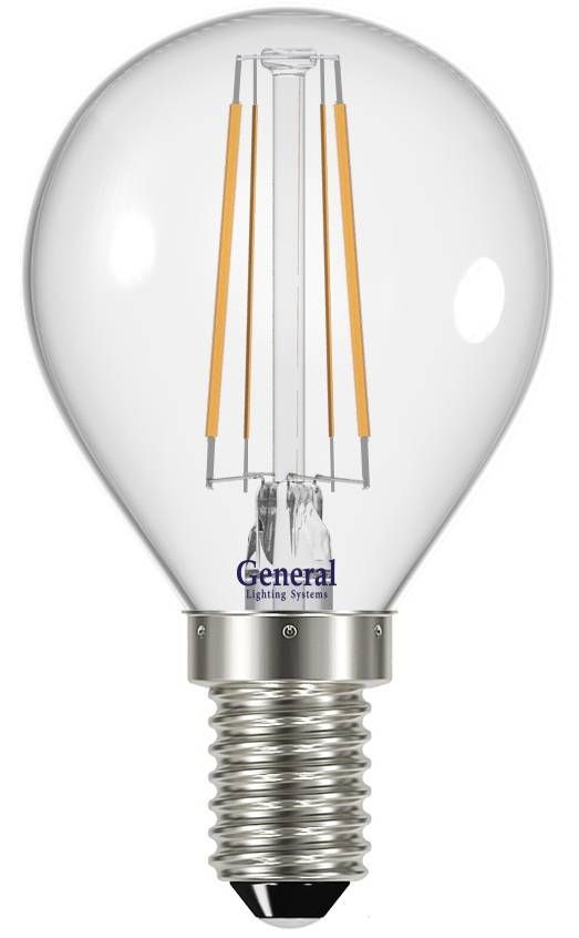 Светодиодная лампа General Шар P45 E14 7W(605lm) 2700K 2K 45x78 филамент (нитевидная), прозр. 647800