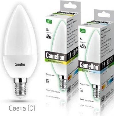 Светодиодная лампа Camelion Свеча E14 5W(390lm 220°) 3000K 2K матов. 106x38 пластик LED5-C35/830/E14