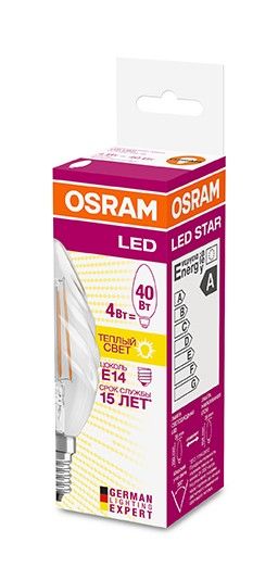 Светодиодная лампа OSRAM свеча витая Е14 4W (470lm) 2700 2K 100x35 филамент прозр. (аналог 40Вт) 4058075055391