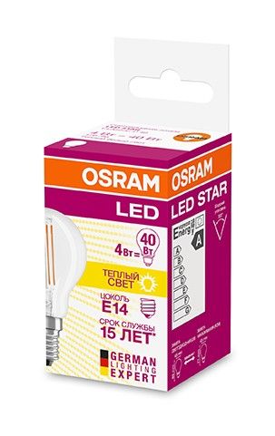 Светодиодная лампа OSRAM шар Е14 4W (470lm) 2700 2K 85x45 филамент прозр. (аналог 40Вт) 4058075068377