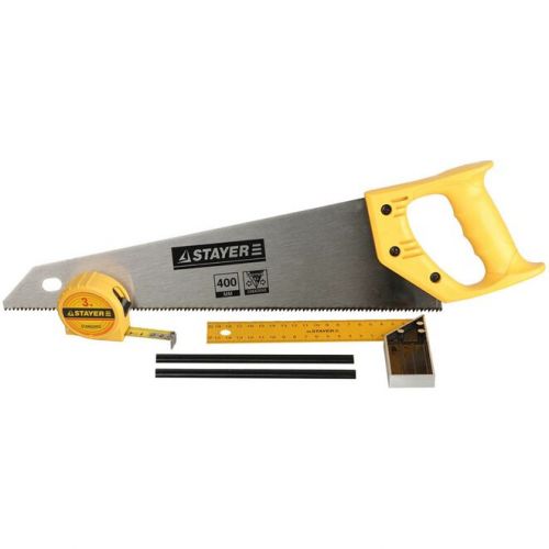 STAYER 7 TPI, 400 мм, набор для столярных работ (ножовка по дереву, угольник, рулетка, карандаши) 15084-H5 Standard