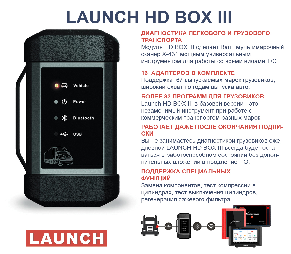 Сканер диагностический X-431 HD BOX III, без планшета LAUNCH N29706