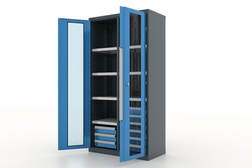 Шкаф металлический для инструмента двухсекционный, дверца со стеклом, темно-серый - синий FERRUM 13.2662-7016/5015